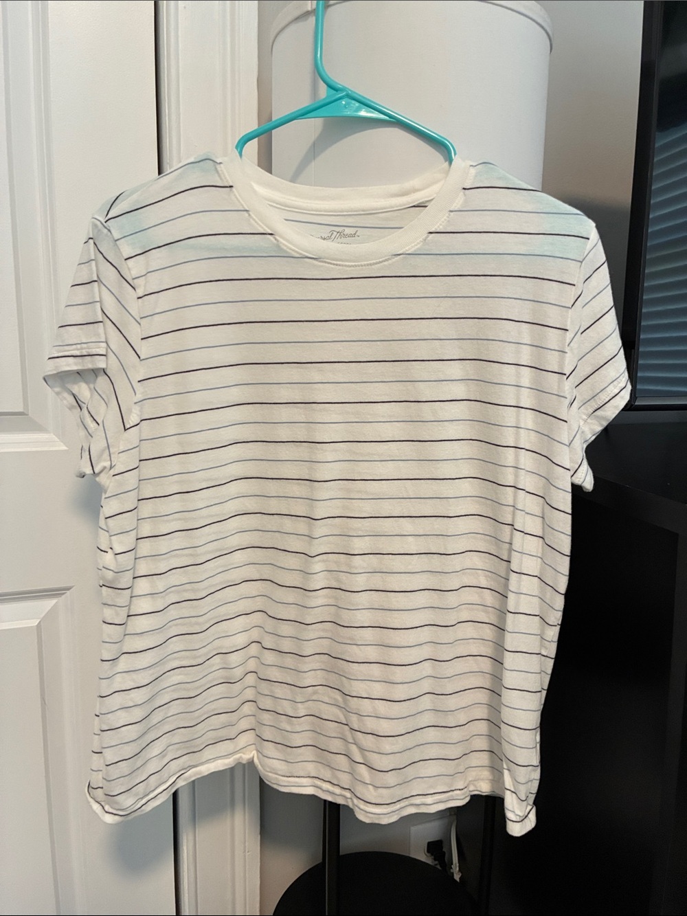Universal Thread White Tee with Navy and Light Blue Stripes
